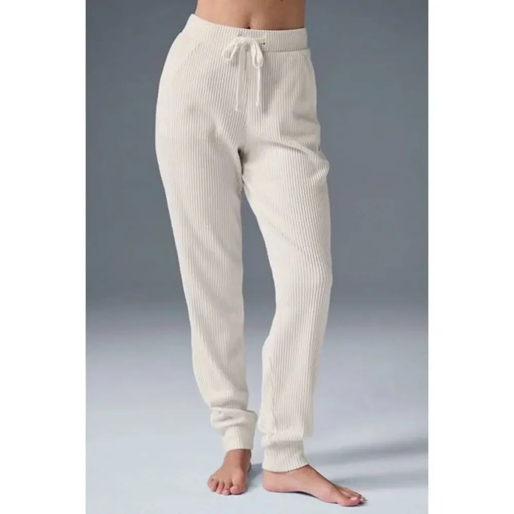 Alo Yoga Ribbed Joggers Cream Beige Womens Medium Lounge Pants